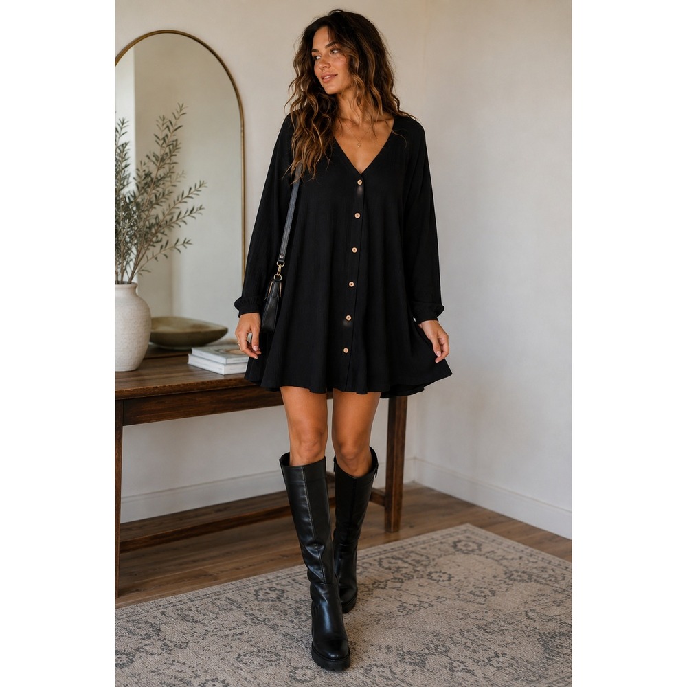 ASOS Tall Womens Black Textured Button Front V-Neck Long Sleeve Mini Dress Sz 2